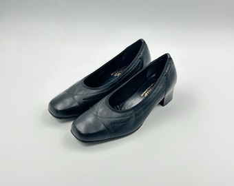 Vintage Black Leather Loafers: Square Toe Chunky Heel, Size 8