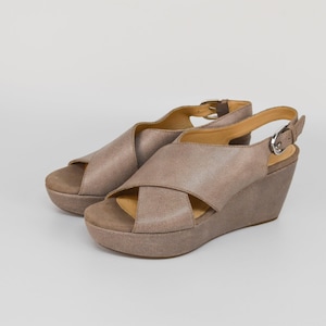 Leather Crisscross Slingback Sandals in Gray | Open Toe High Wedge Heel Platform Shoes for Women | Size EU 38 by Geox