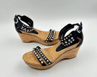 Black Leather Platform Wedge Sandals: Rhinestone Studded Italian Strappy Shoes, Size 8US