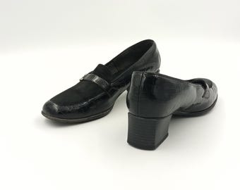 Vintage Black Reptile Leather Loafers - Square Toe Chunky Heel EU39.5