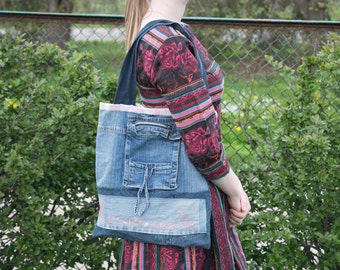 Vintage blue denim shoulder bag Jeans women tote large purse