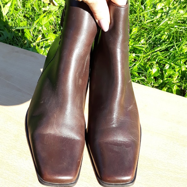 vintage brown leather women ankle boots square toe size EU 37 chunky heel European