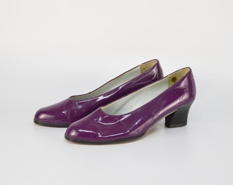 Vintage Patent Leather Pumps in Eggplant Purple | Round Toe Low Cone Heel Shoes for Women | Size EU 39