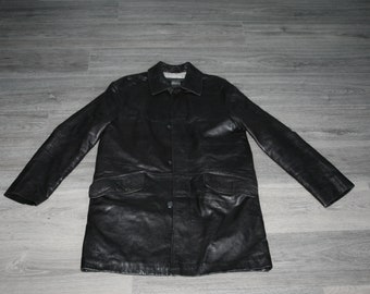 Chaqueta de cuero vintage negro hombre abrigo gótico botón arriba blazer talla M