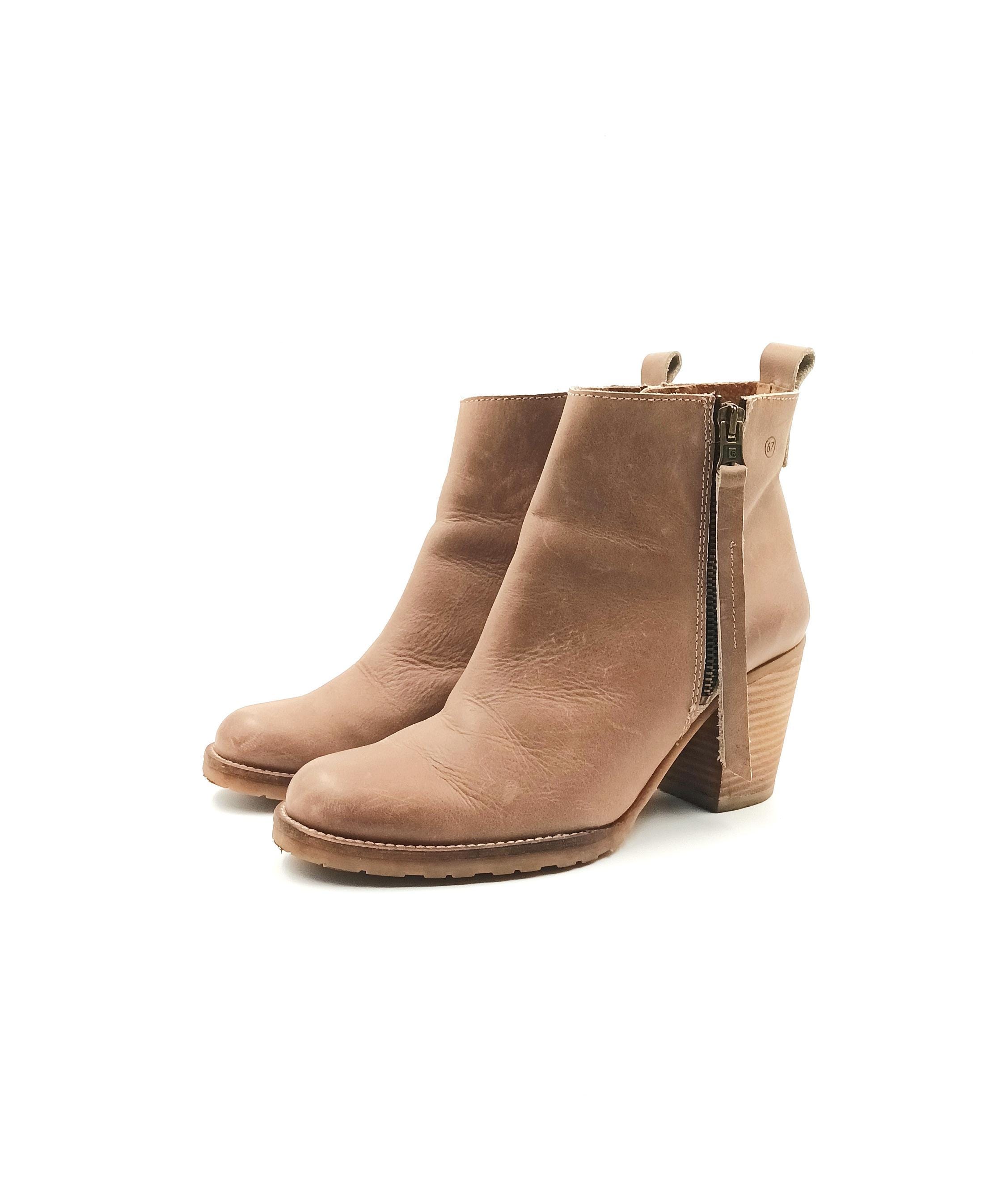Leather Ankle Boots: Tan Cappuccino Brown Chunky Heel 