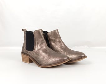Leather Ankle Booties: Silvery Bronzed Almond Toe, Size 37EU