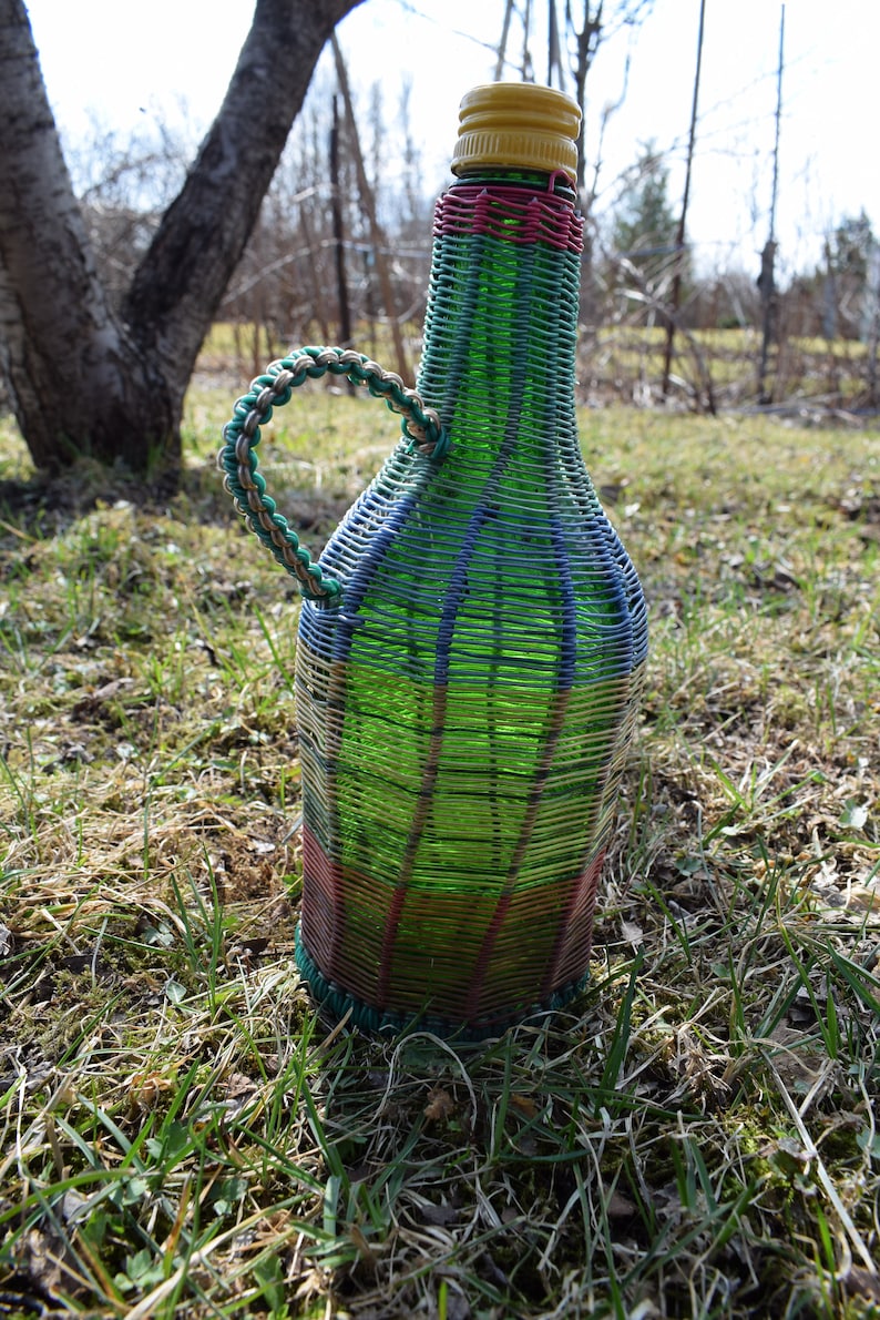 Antique Soviet Picnic WICKER DECANTER Basket green glass Bottle