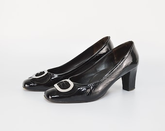 Vintage Patent Leather Pumps in Black | Square Toe High Heel Shoes for Women | Size EU 38.5 | Salamander | Made in Italy