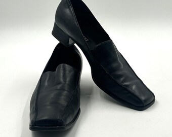 Vintage Black Leather Loafers by Ecco - Square Toe Chunky Heel (37EU / 6US)
