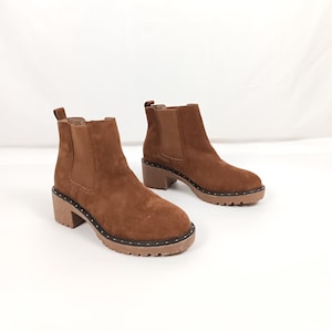 Vintage Suede Chelsea Booties: Brown Low Block Heel, Size 38EU 7US