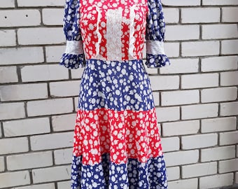 Vintage retro women midi dress laces summer floral short sleeves M size european Makyta