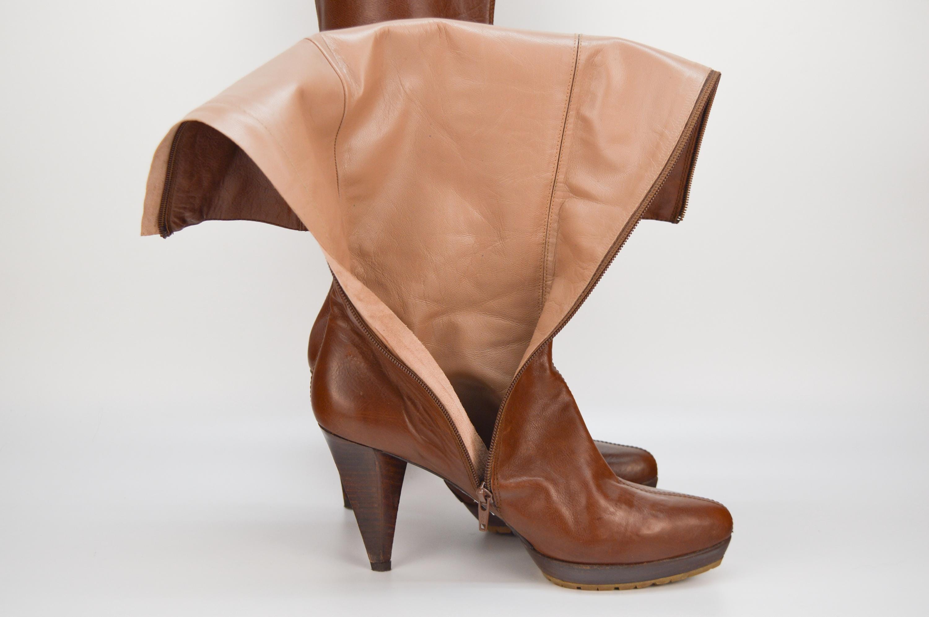 Pura Lopez Brown Leather Knee High Boots, Platform Cone Heel  display picture 1