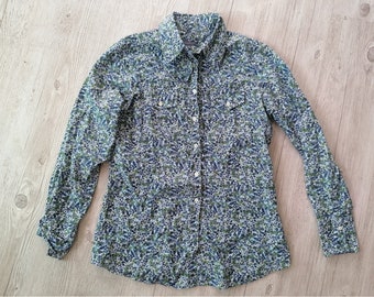 Vintage floral women blouse shirt sleeved buttoned up Size M cotton italian