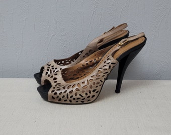 Vintage Loretti Leather Platform Sandals: Perforated Peep Toe Heels, EU 38