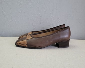 Vintage Leather Pumps in Two Tone Brown | Patchwork Square Toe Low Chunky Heel Shoes for Women | Size UK 7 | by Ara