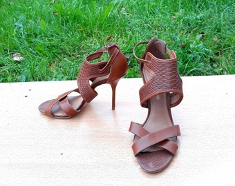 Vintage cognac brown women croc moc leather shoes stiletto heel sandals size EU 40 made in Brazil