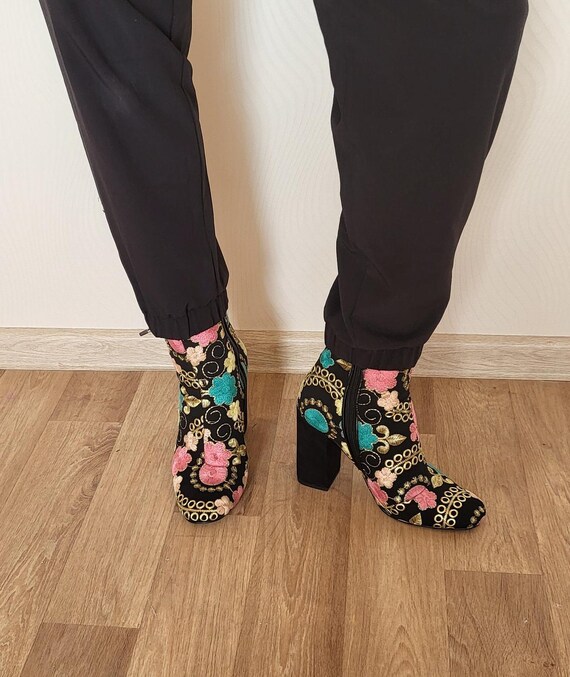 Women Colorful Embroidered Ankle Boots Size EU 38 Chunky Heels Booties Cloth and Leather Footwear River Island Made in Spain Etsy UK