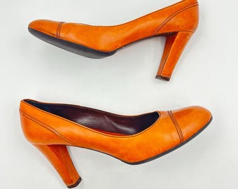 Vintage Hugo Boss Leather Pumps: Orange Heeled Shoes, Made in Italy, EU 39.5