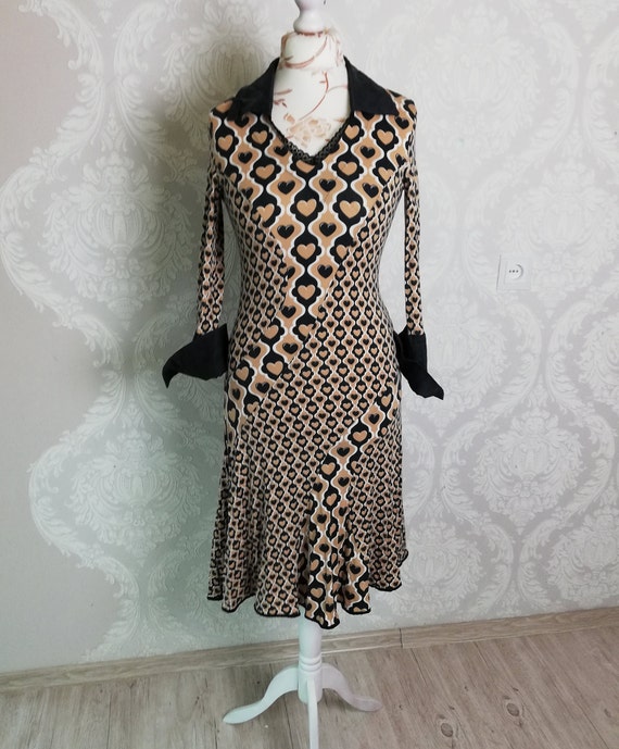 Vtg heart print dress sleeved L Size women brown i