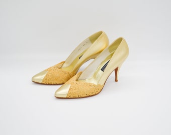 Vintage Stuart Weitzman Gold Leather Lace Pumps, Stiletto Heels, US 8
