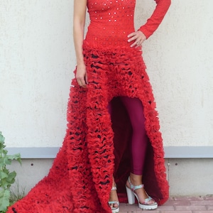 Vintage Red Ruffle Dress: Beaded Tulle Formal Gown, Size M