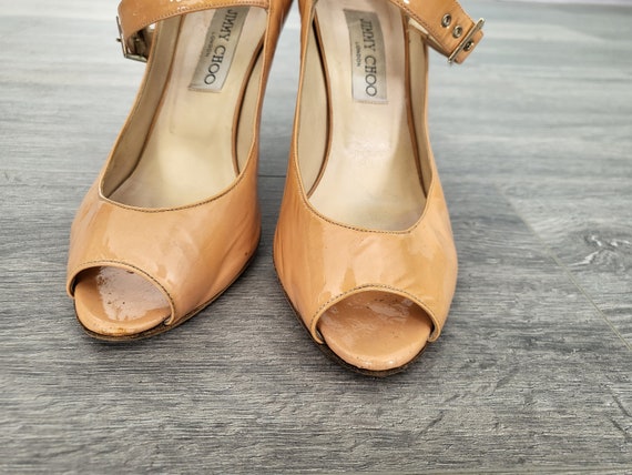 Vintage beige brown women peep toe sandals patent… - image 4