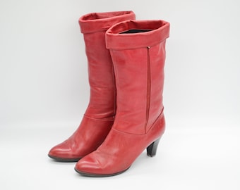 vintage Leather Ankle Boots in Red | Pointy Toe High Heel Pull On Booties for Women | Size UK 4 1/2