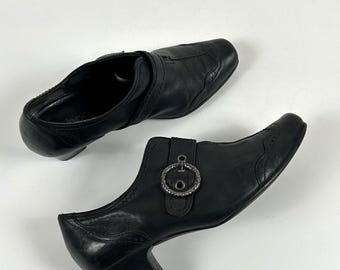 Vintage Black Leather Women Loafers, Chunky Shoes 37EU 6US, Square Toe Footwear Gabor
