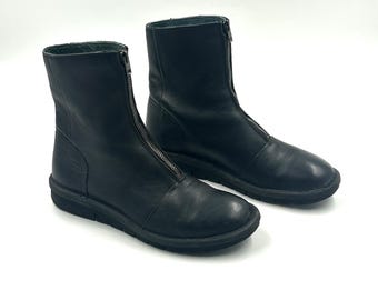 Vintage Schwarz Leder Flache Stiefeletten: Runde Kappe Frauen Fotowear Größe 39EU / 8.5US