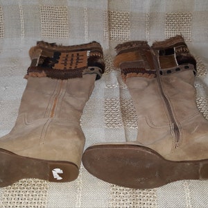 vintage beige suede leather girls knee boots fur bootleg 35 size EU image 7