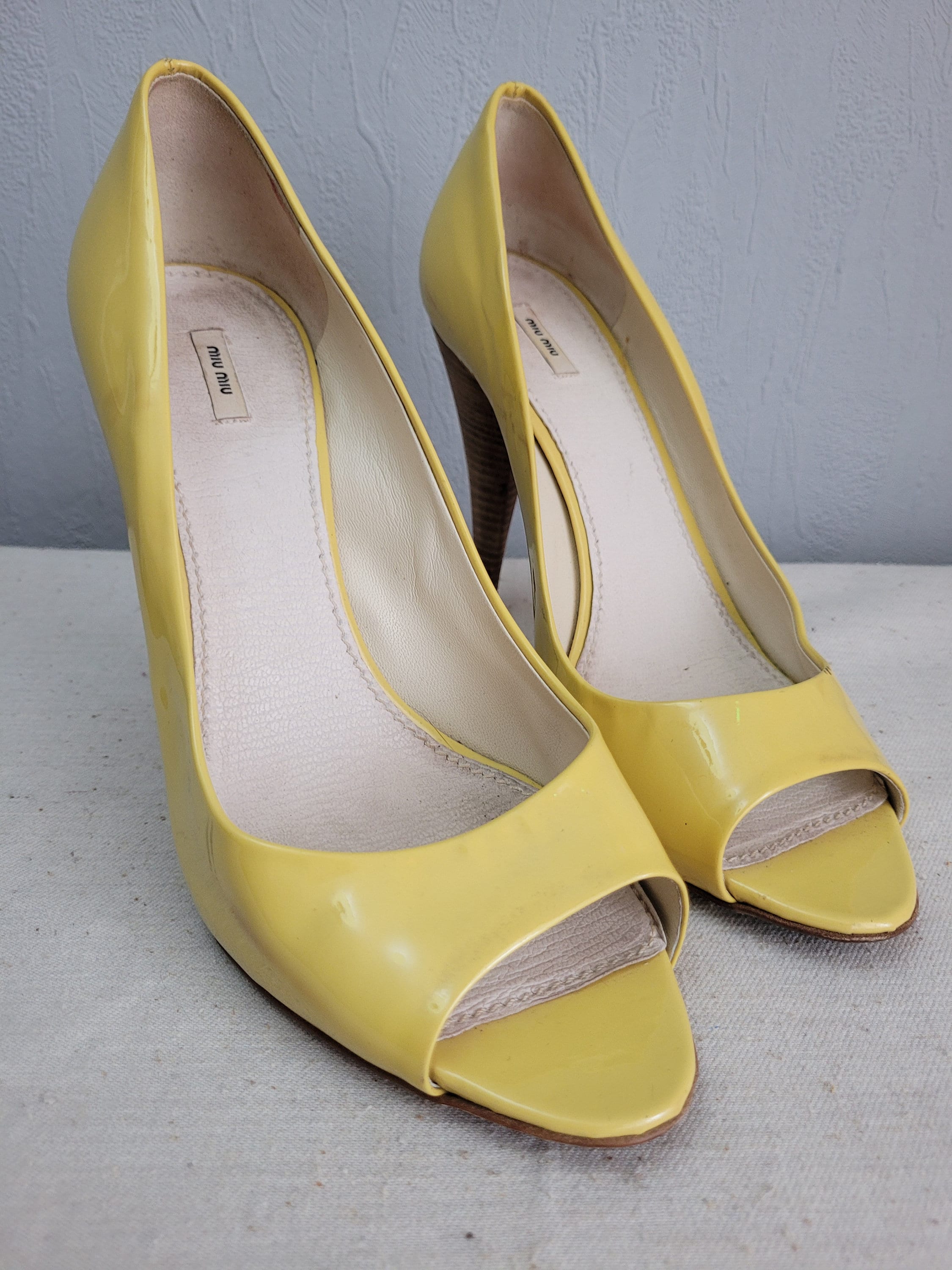 Vintage Lemon Yellow Patent Leather High Stiletto Heel Peep Toe Women Pumps Shoes Size EU 39 1 2 Miu Miu Made in Italy