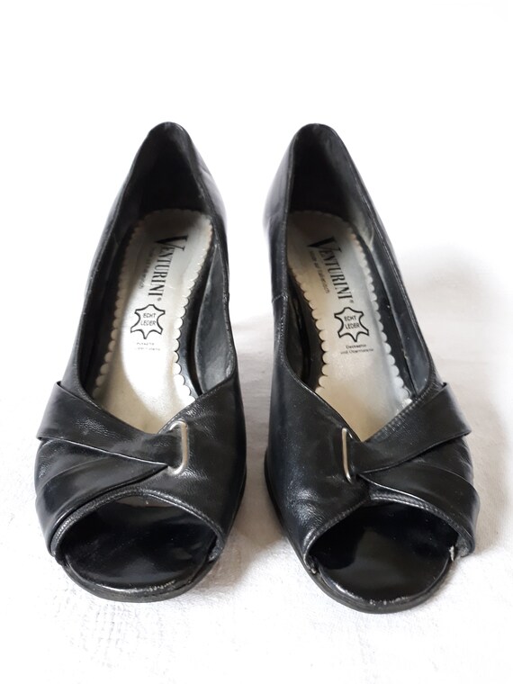 Vintage Lederen zwarte schoenen sandalen Italiaanse open tenen - Etsy België