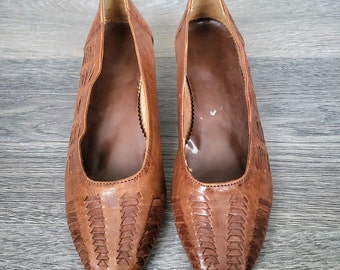 women cognac brown leather huarache / woven loafers shoes / low heels / European 38 EU size/ made in Portugal