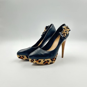 Vintage Schwarze Lederschleifen Pumps: Leopard Print Kante, Stiletto Absatz - Größe 9US