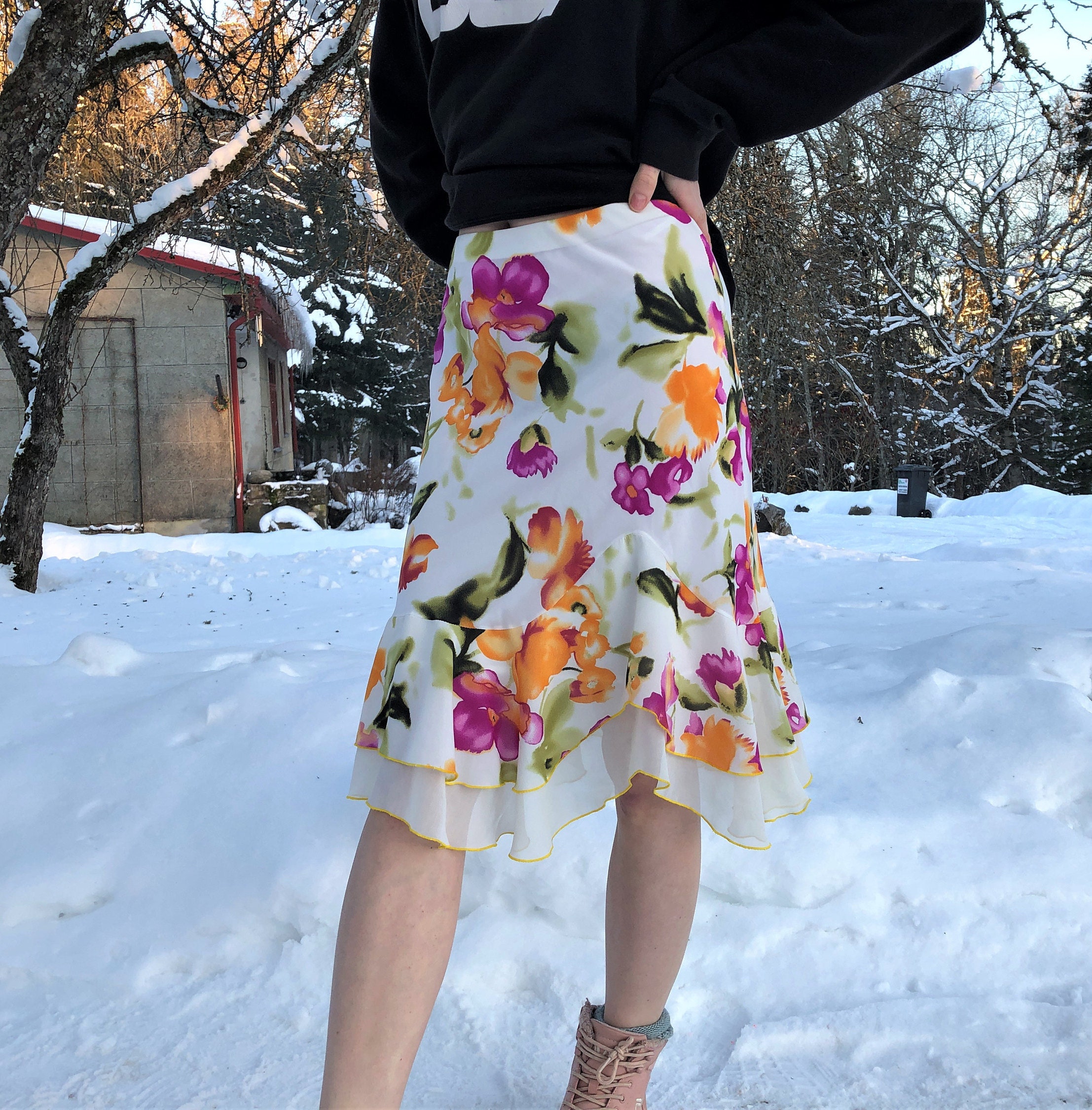 Knee length ruffle white clearance skirt