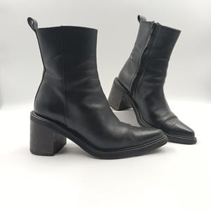 Vintage leren zwarte enkellaarzen | Pointe-toe-slofjes met blokhak en ritssluiting voor dames | Maat 37EU 6US uit Kopenhagen