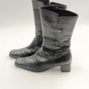 Vintage black leather calf boots / Women Size 40.5EU 7.5UK footwear Y2K square toe chunky heel Boot by Gabor
