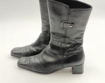 Vintage Gabor Black Leather Calf Boots: Y2K Chunky Heel, Size 40.5EU