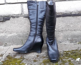 Vintage black calf boots women Size EU 37 wedge heels square toes leather winter footwear