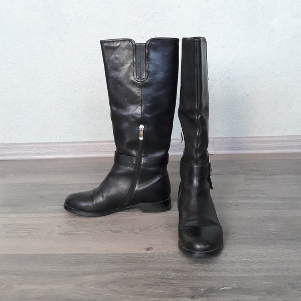 vintage black leather tall boots low heels winter women 38 EU size almond toe boot