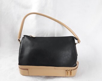 Vintage Shoulder Leather Bag black and beige handbag / french purse for women