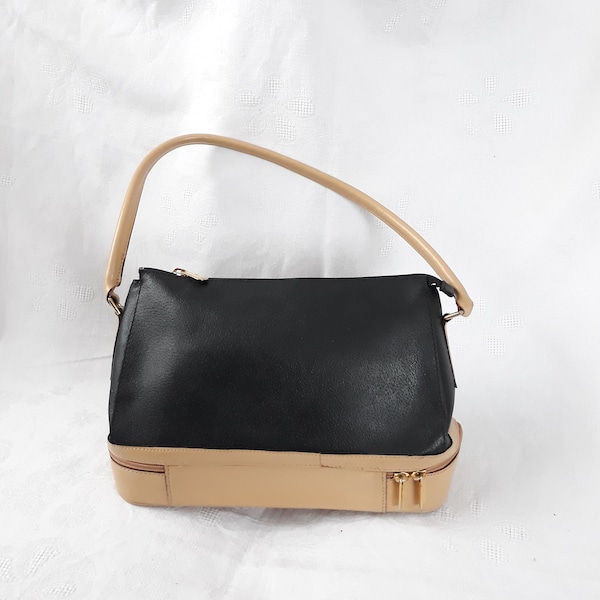 Vintage Shoulder Leather Bag black and beige handbag / french purse for women