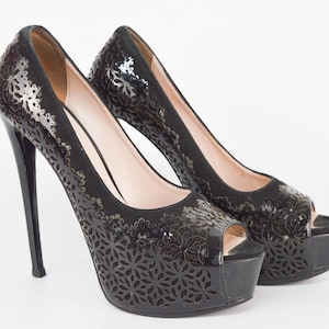 Leather Stiletto Platform Pumps: Black Floral Heels, Marco Pini, EU 39