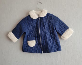 Vintage Baby Jacket: Navy Blue Faux Fur Trim Coat, Size 26