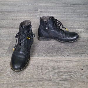 vintage black leather lace up ankle flat boots / size 36 EU / combat punk rock booties / Germany Tamaris