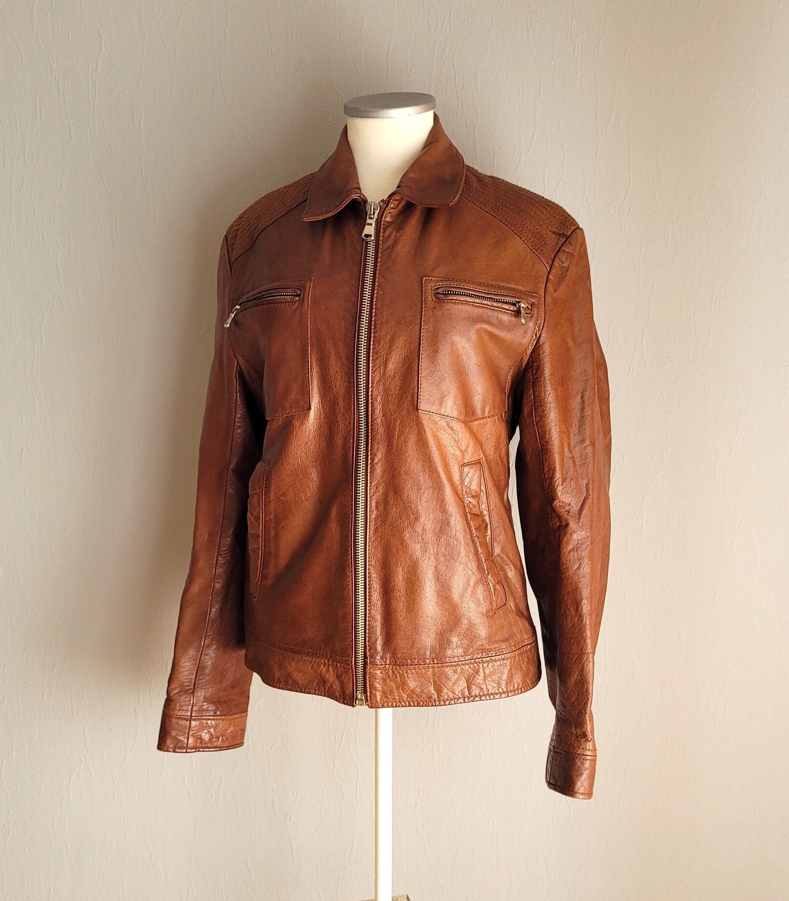 ZARA ヴィンテージ加工　レザー ライダースジャケット バイカー ブラウン　S ヴィンテージブラウンレザーバイカージャケット - Zara メンズ