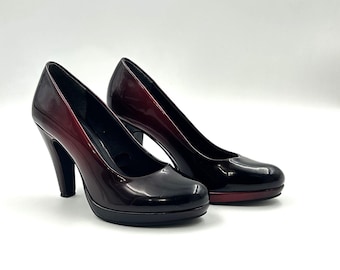 Vintage Dark Red Faux Patent Leather Platform Pumps, Stiletto Heels, EU 38