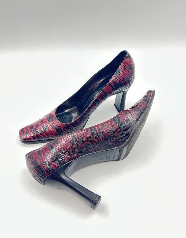 Vintage Marbled Purple Leather Pumps: Square Toe Croc Shoes 38 EU, Made in Italy image 1