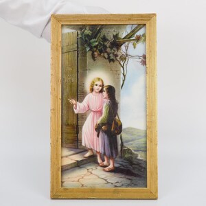 Antica carta di preghiera con cornice Bambino Gesù invita una ragazza / Religione Fede cristiana Bambini Decorazione d'interni Parete appesa