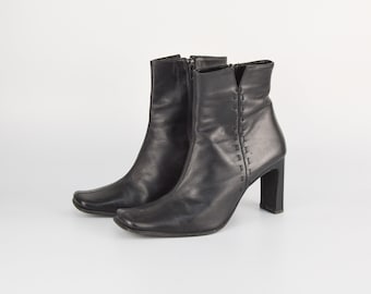 Leather Zippered Ankle Boots in Black | Square Toe High Heel Boots for Women | Size EU 38